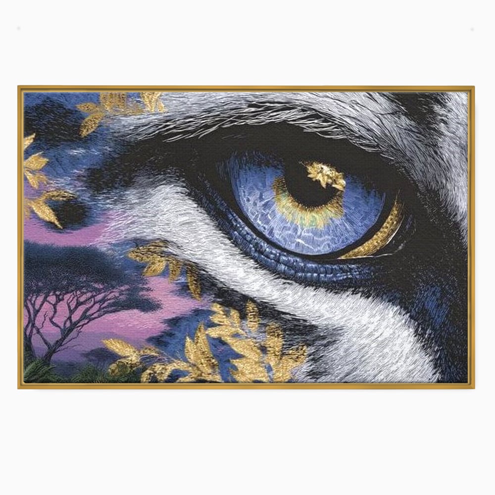 Tablou canvas cu tablou canvas cu ochi de felina, in rama de aluminiu auriu